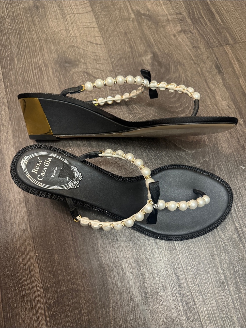 Rene Caovilla Pearl Embellished Black Wedge Sandals EU 39.5